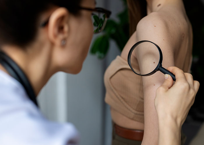 Dermatologista realizando exame em paciente no Centro Médico Guedes (CEMEG) em Suzano